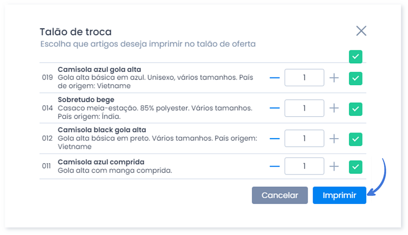 Imprimir talão de troca