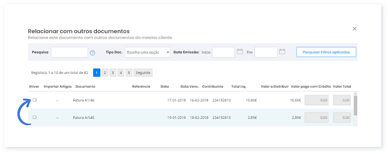 Selecionar documentos para ser conciliados