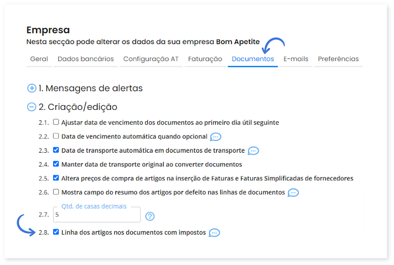 Linha dos artigos nos documentos com impostos