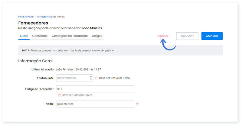 Eliminar fornecedor a partir da sua ficha