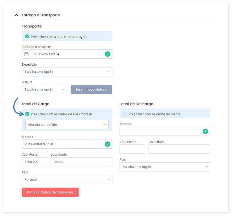 Dados de transporte em documentos