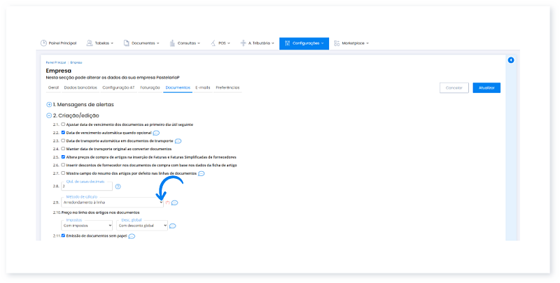 Escolher o método de cálculo para arredondamento dos valores 1
