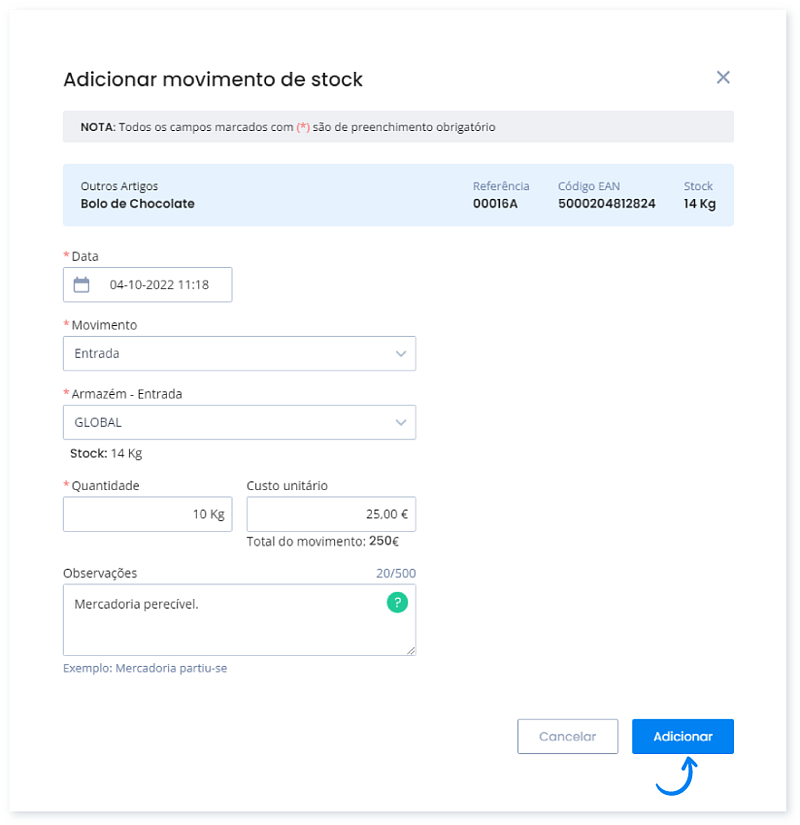 Como adicionar movimentos de Stock Manuais 8