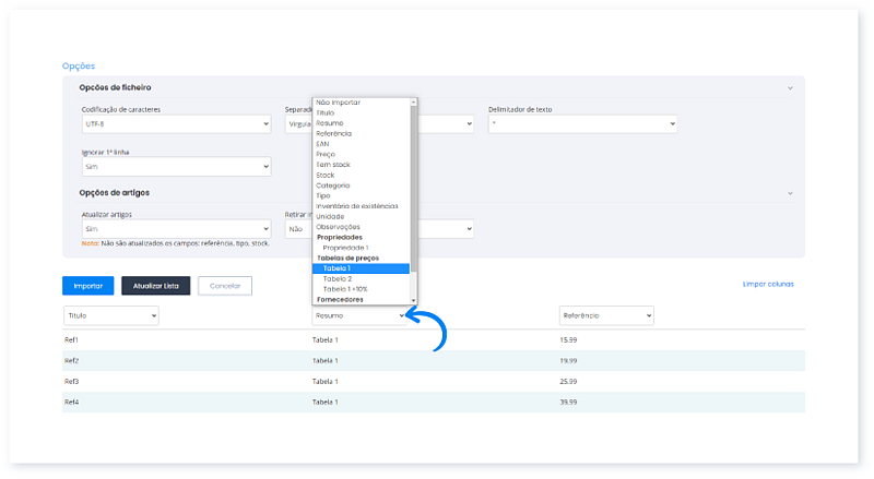 Atualizar uma tabela de preços a partir de um ficheiro XLS, XLSX ou CSV 7+