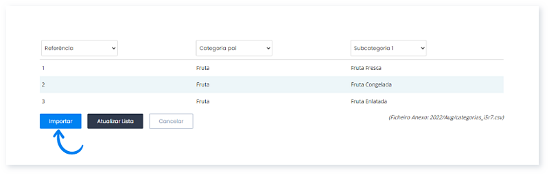 Importar categorias a partir de um ficheiro XLS, XLSX ou CSV 8