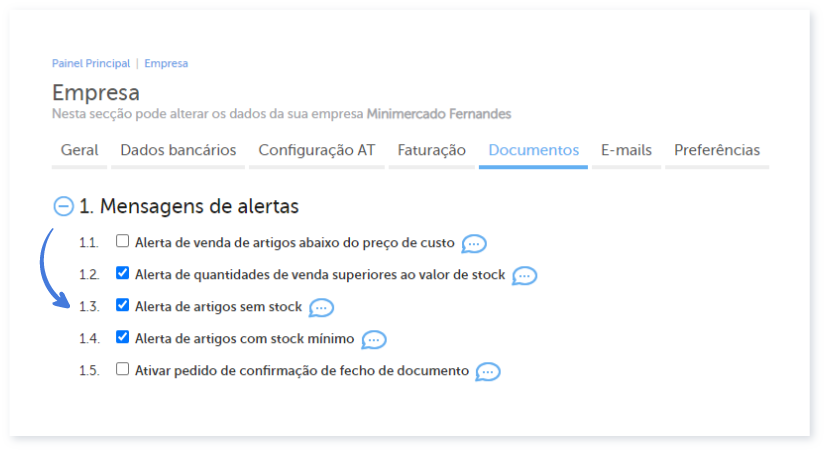 Alerta de artigos sem stock