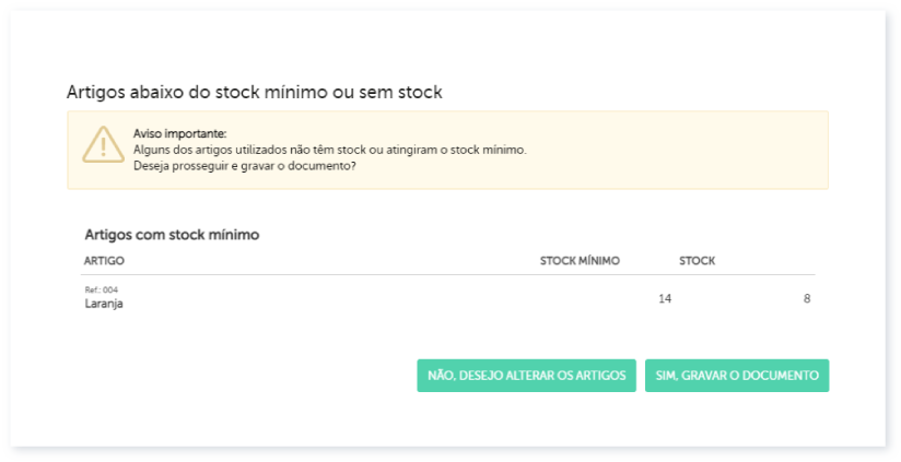 Mensagem de alerta de stock mínimo