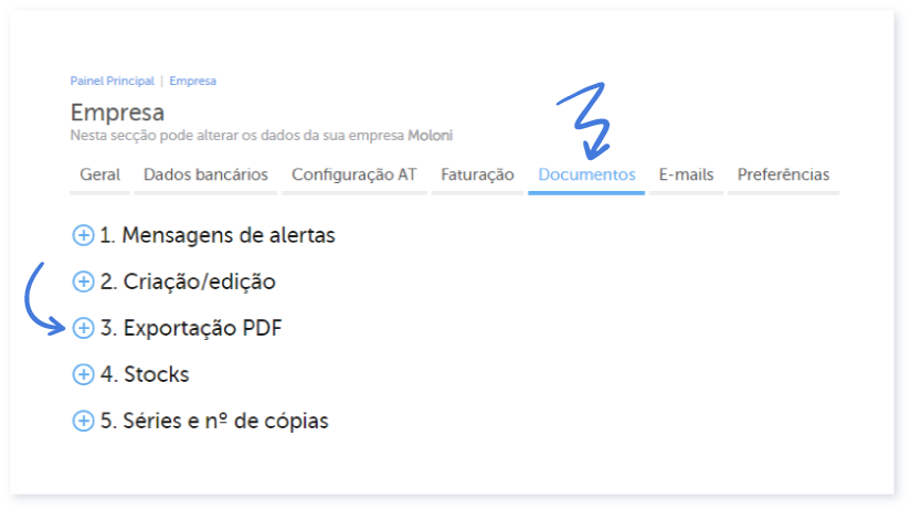 Procurar secção Exportação PDF no separador Documentos