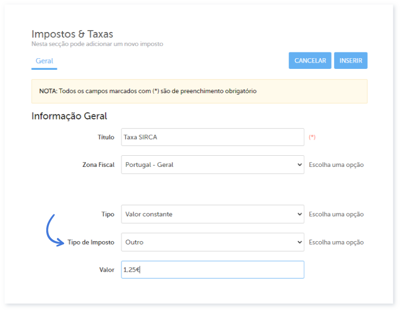 Criar imposto Taxa SIRCA