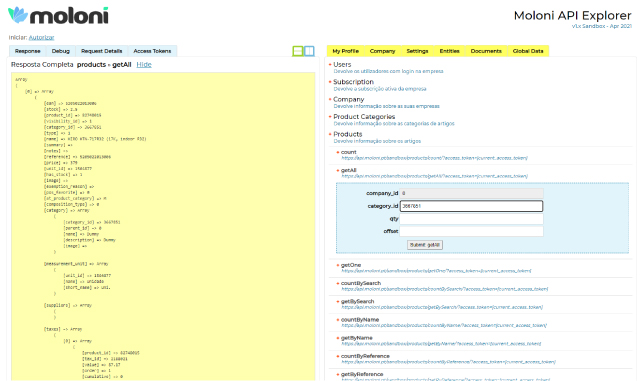 Explorer da API do Moloni em ambiente de testes